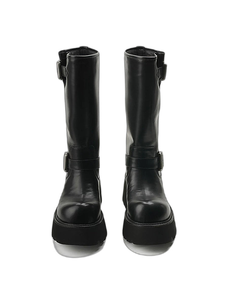 Double-Buckle Platform Mid-Calf Boots