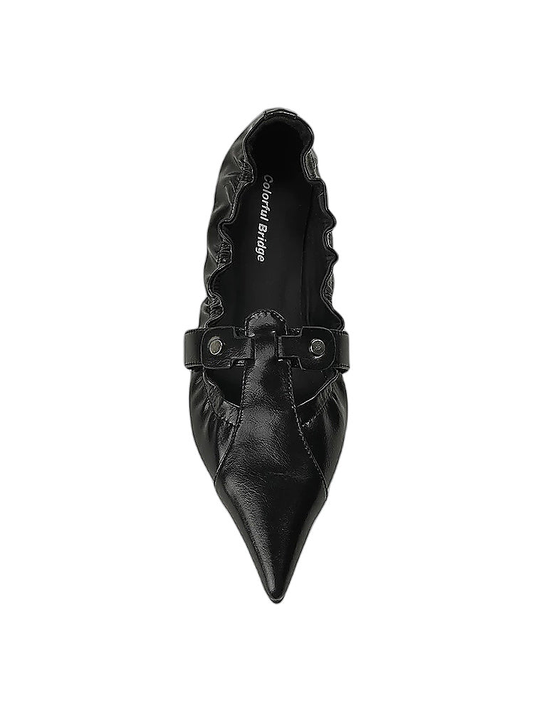 Ruched Pointed-Toe Buckle Flats