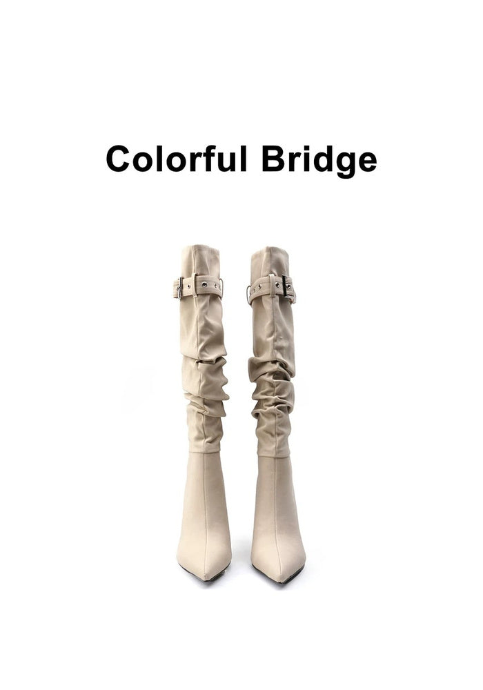Designer Women's Knee-High Boots with Hand-Pleated Calfskin Belt Buckle