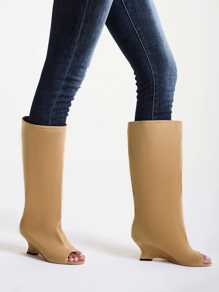 Peep-Toe Wedge Knee-High Boots