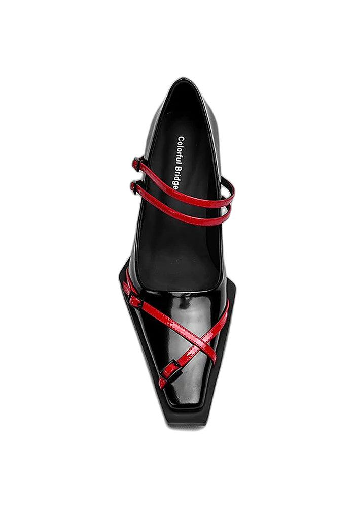 Patent Leather Red Contrast Strap Square Toe Mary Jane Pumps 6CM Color Block Block Heel Designer Heels