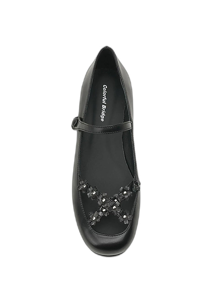 Leather 3D Floral Mary Jane Flat Shoes 1.5CM Minimalist Vintage Ballet Flats