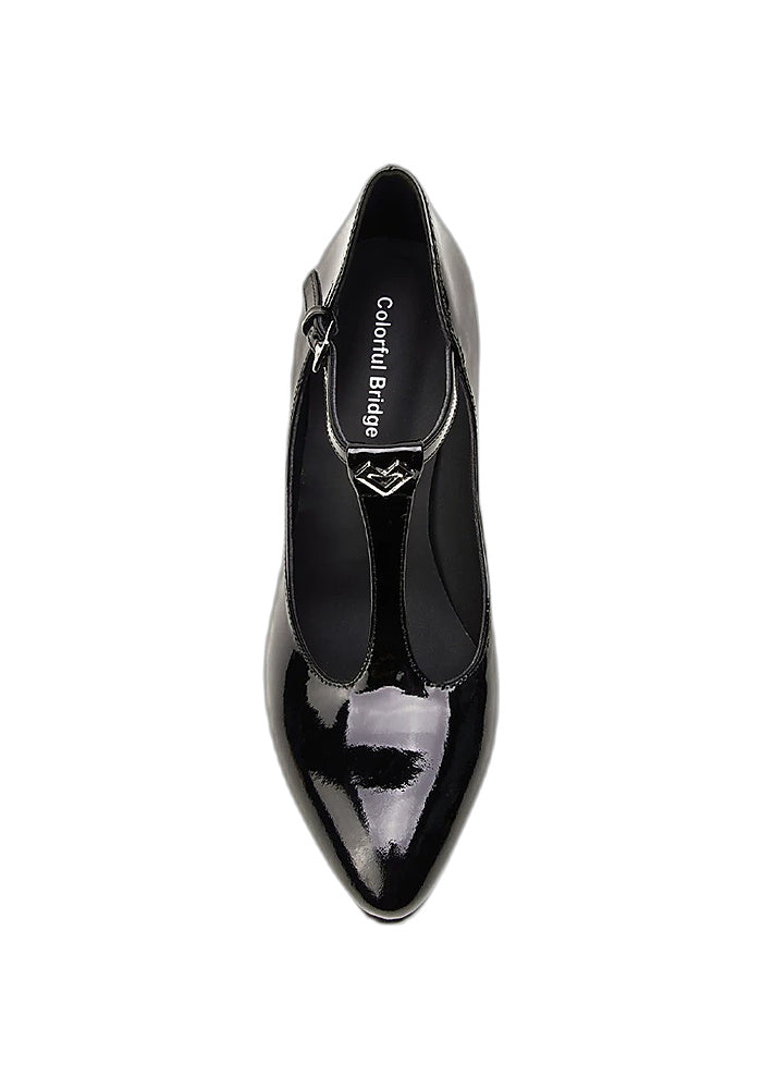 "Nightingale" Black Patent Leather T-Strap Mary Jane Pumps 7.5CM Sculpted Flared Heel Vintage Avant-Garde Dress Heels