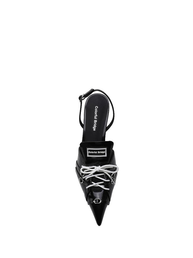 Racing-inspired Designer Sporty High-Heel Pointed-Toe Black Sandals