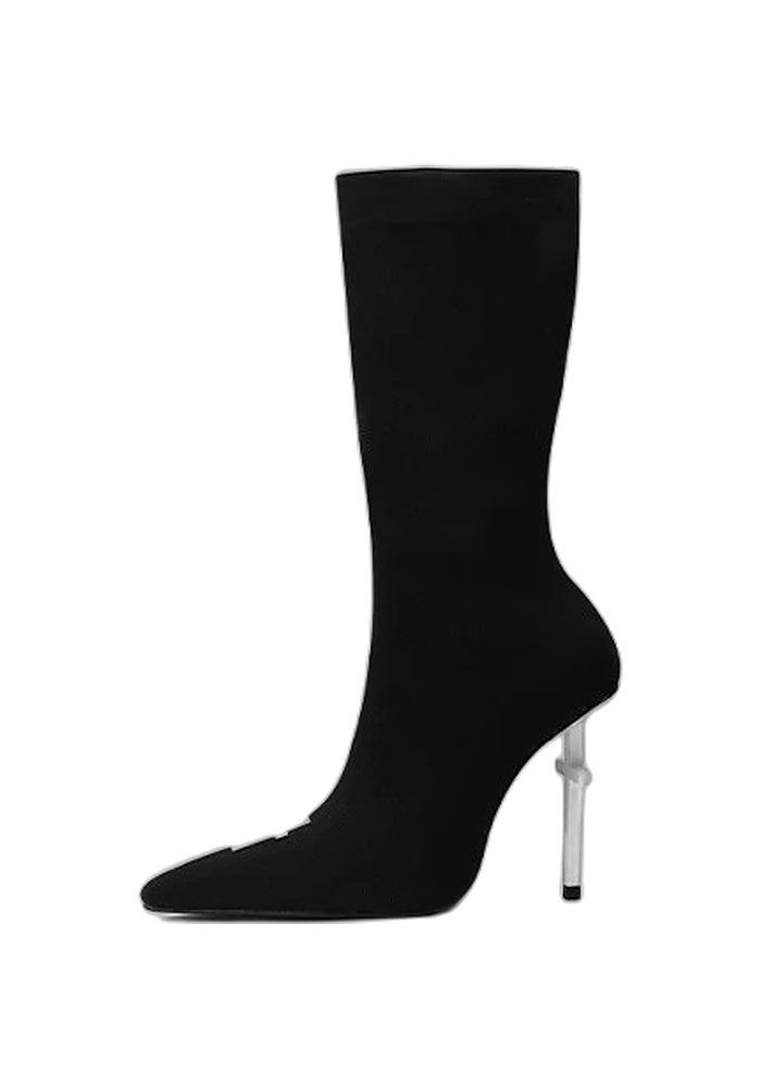 Knit Sock Mid-Calf Boots 10CM White Cross Sculpted Stiletto Pointed Toe Gothic Avant-Garde Stretch Heel Boots