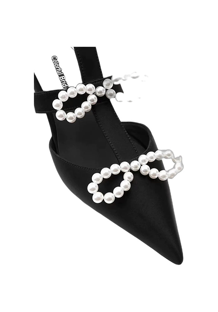 Mulberry Silk Pearl Bow Flat Sandals 2.5CM Pointed Toe Ankle Strap T-Strap Mules