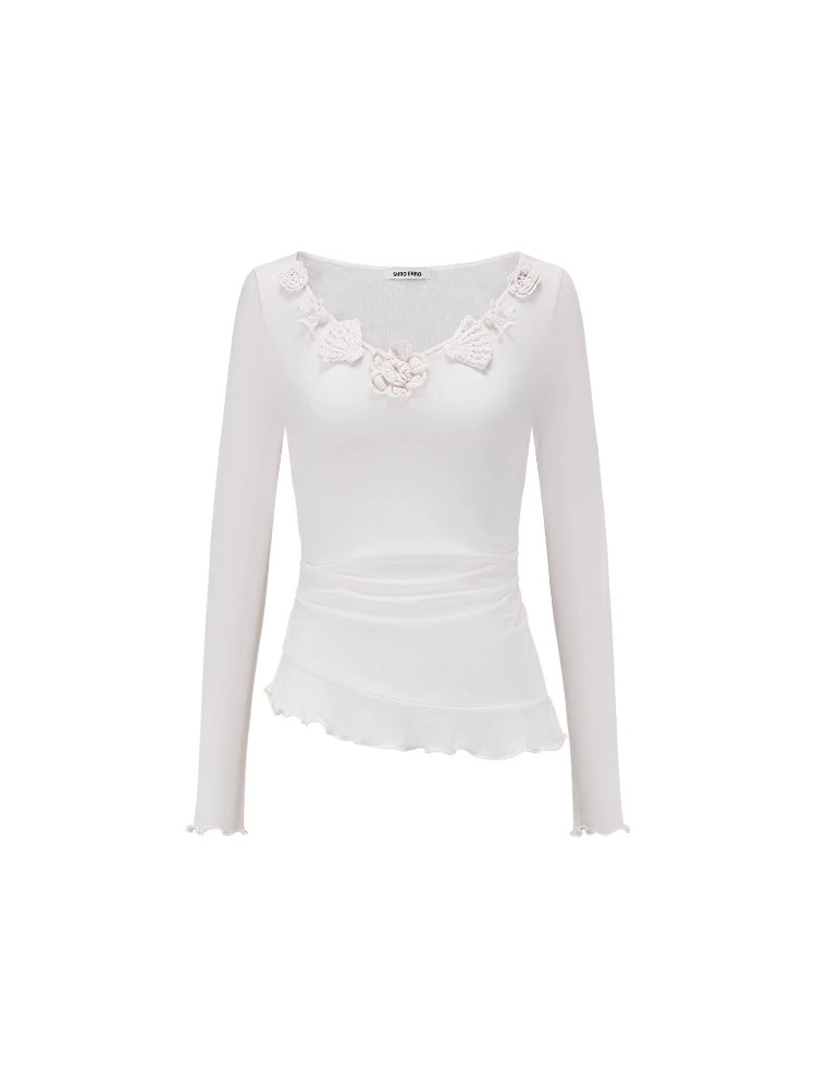 SHROENRO French-Style 3D Floral Knit Fitted Slimming Top with Asymmetrical Hem