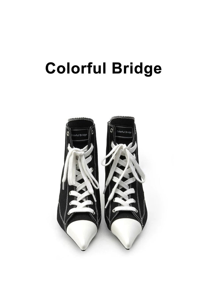 Contrast Canvas Wedge Ankle Boots 5.5CM Wedge Heel Pointed Toe Lace-Up High Top Sneaker Booties