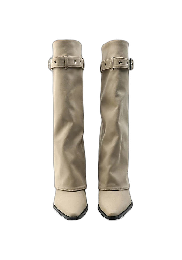 Calfskin Fold-Over Knee High Boots 6.5CM Block Heel Pointed Toe Adjustable Buckle Strap Western Tall Boots