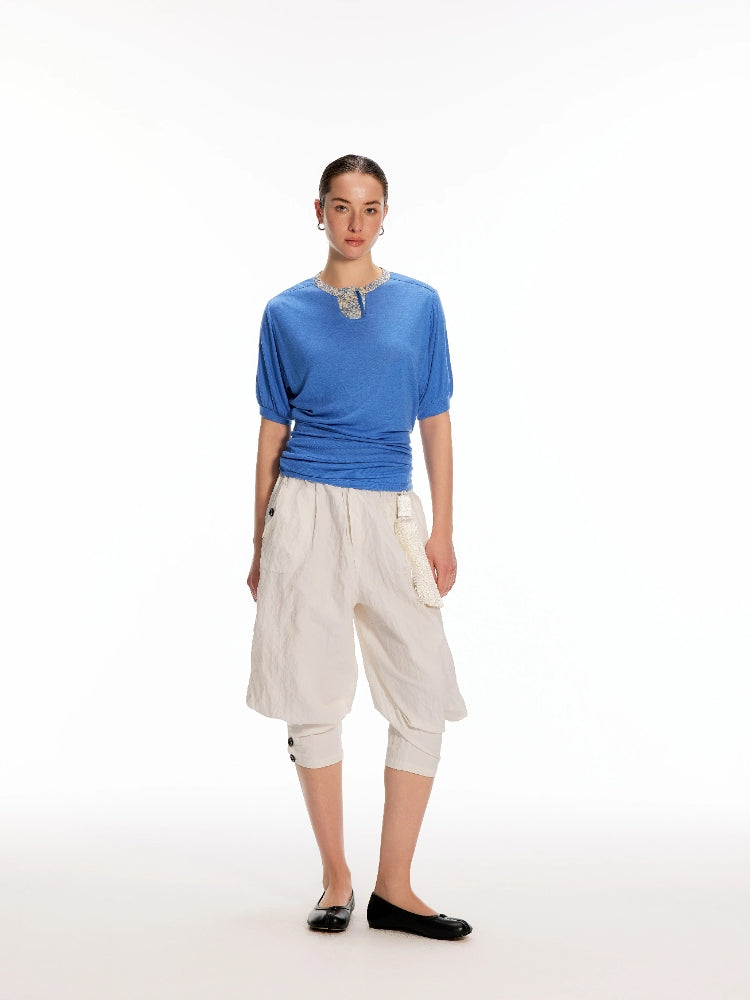 Dpercent Asymmetrical-Pocket, Textured Silk-Like, 7/8-Length, Wide-Leg, Relaxed-Fit, Stretch-Waist, Balloon Pants