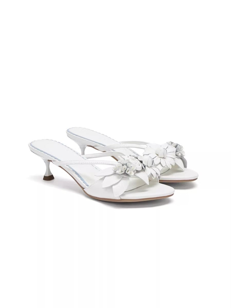 Arcadiagyal Original Design White Wedding Floral Lambskin Block Heel High Heel Sandals