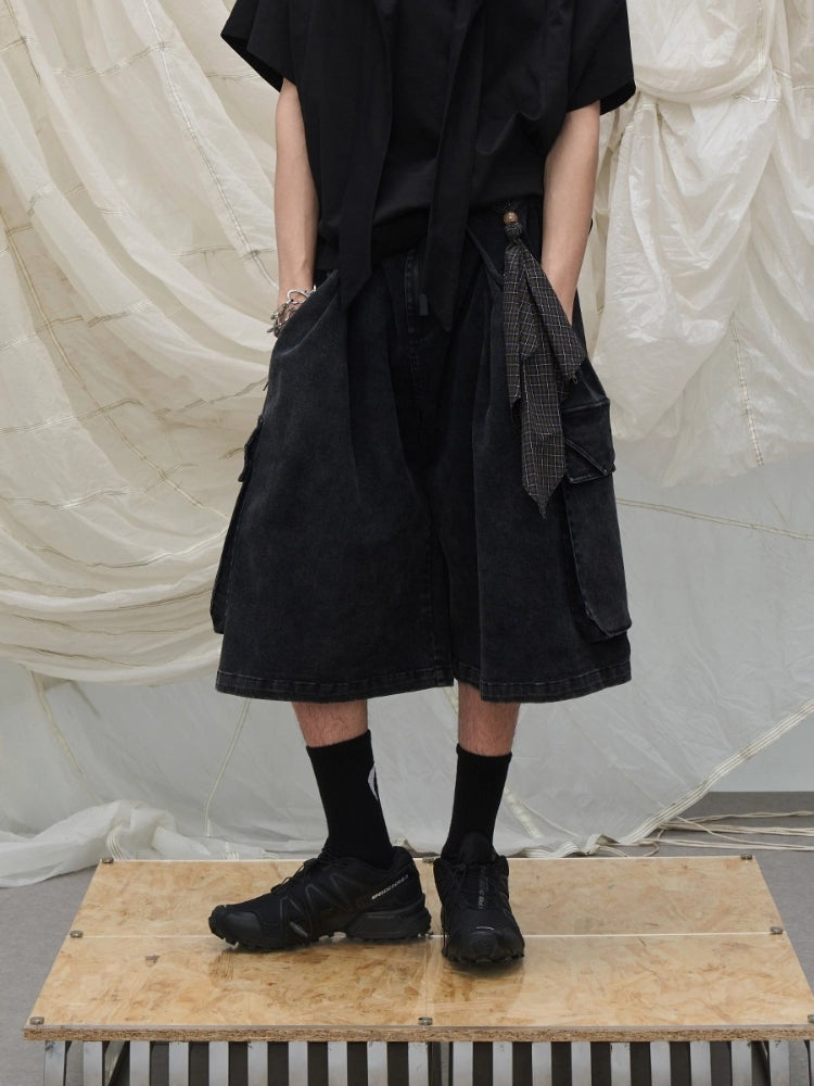 Time Element “Sequel” Detachable Square-Pleated Washed Denim Workwear Cropped Pants