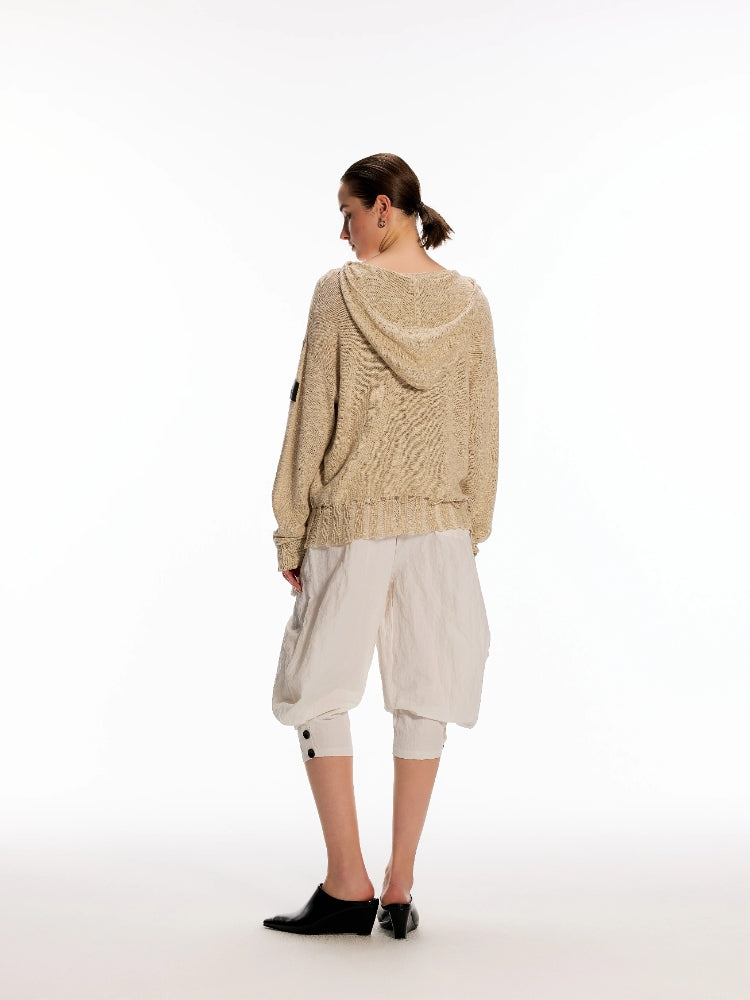 Dpercent Tencel-Linen Blend Color-Blocked Multi-Button Lightweight T-Shirt with Asymmetrical Hem