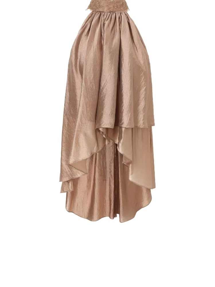 CNLEEWEI Shimmering Lace-Trimmed, Slightly Sheer, Gold-Toned, Asymmetrical Layered Top for Women