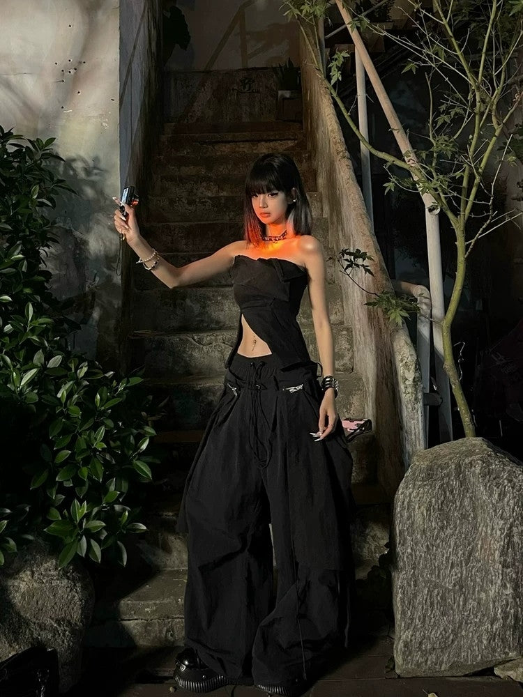 Spatial Relationship (Layered) Double-Waistband Nylon Detachable Back Panel Loose Curved-Leg Silhouette Casual Pants
