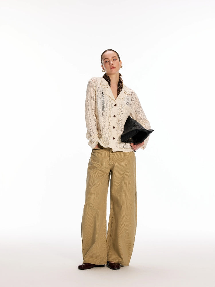 Dpercent Openwork Crocheted Cuban-Neck Casual Knit Cardigan