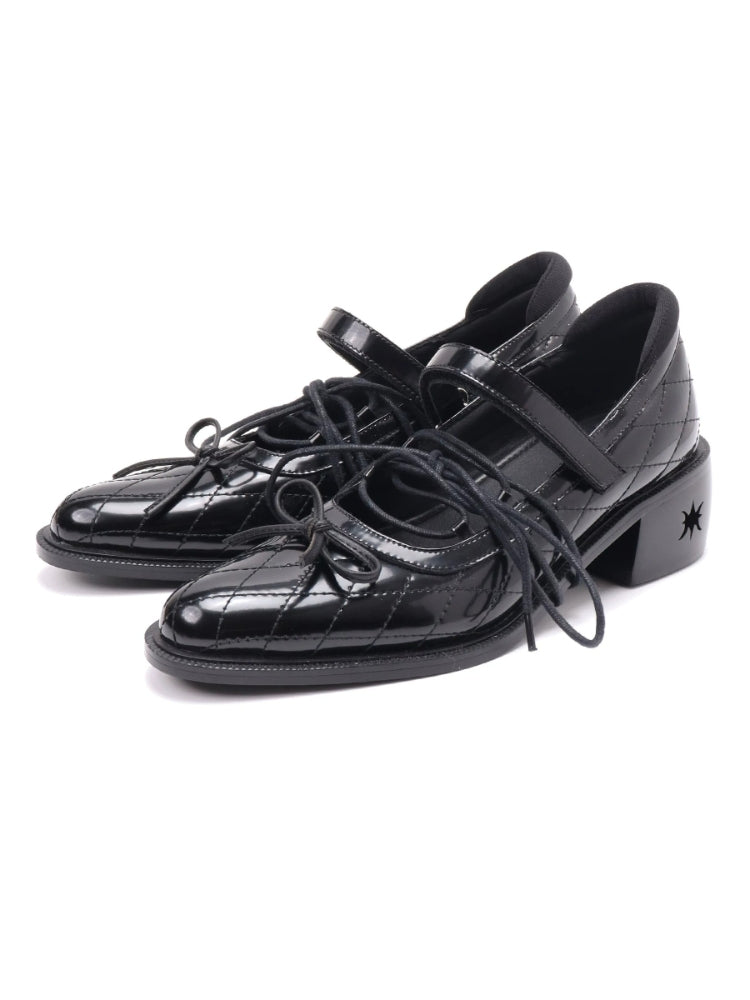 Original Diamond-Pattern Mary Jane Shoes: Dark-Style Lace-Up Leather Loafers, Summer Black Chunky-Heel Pumps