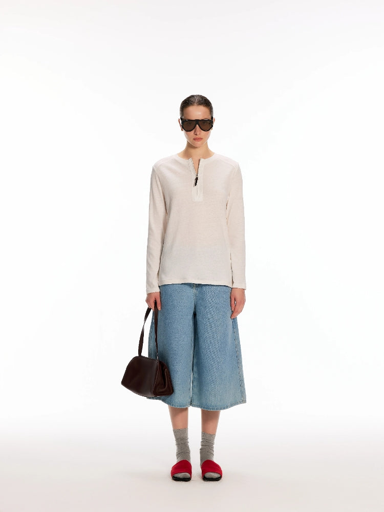 Dpercent Frayed Henley Neckline British-Style Leather Zipper Split-Hem Long-Sleeve Top