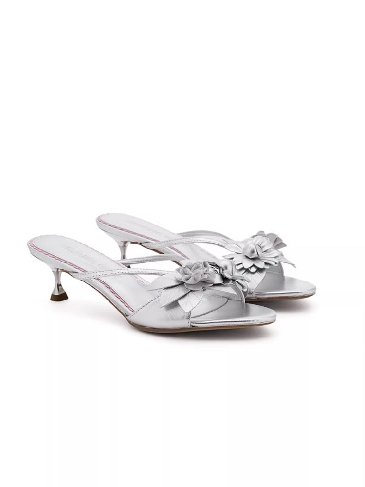 Arcadiagyal Original Design Silver Handmade Lambskin Floral Block Heel High Heels Sandals Slippers 4