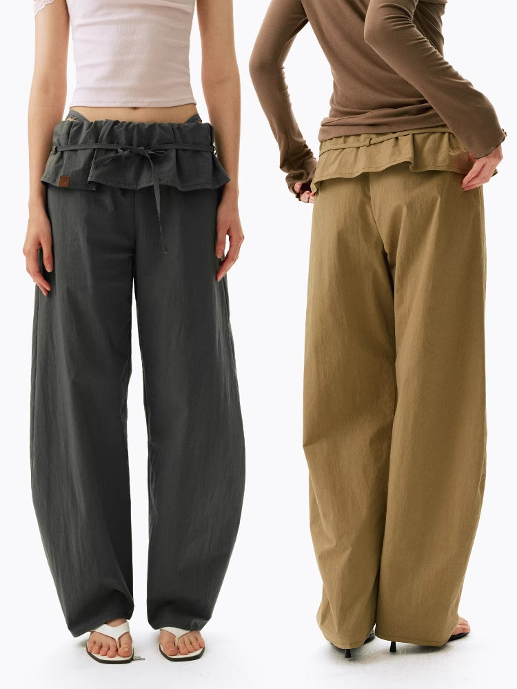 2AM POETRY Pleated, Turn-Up, Mid-Low Rise, Loose-Fit, Drawstring, Casual, Wide-Leg, Loose-Fit, Curved-Leg Pants
