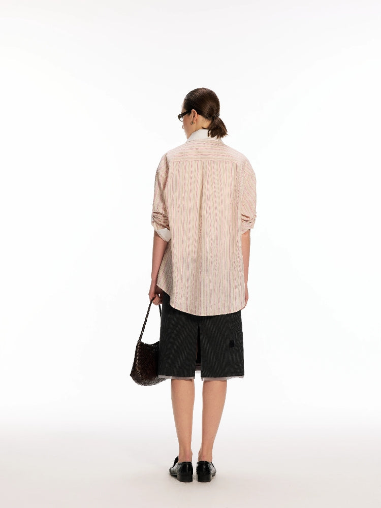 Dpercent Tencel Cotton Color-Blocked, Loose-Fit Casual Shirt with Rolled Sleeves and Reversible Design: Striped Pink Shirt