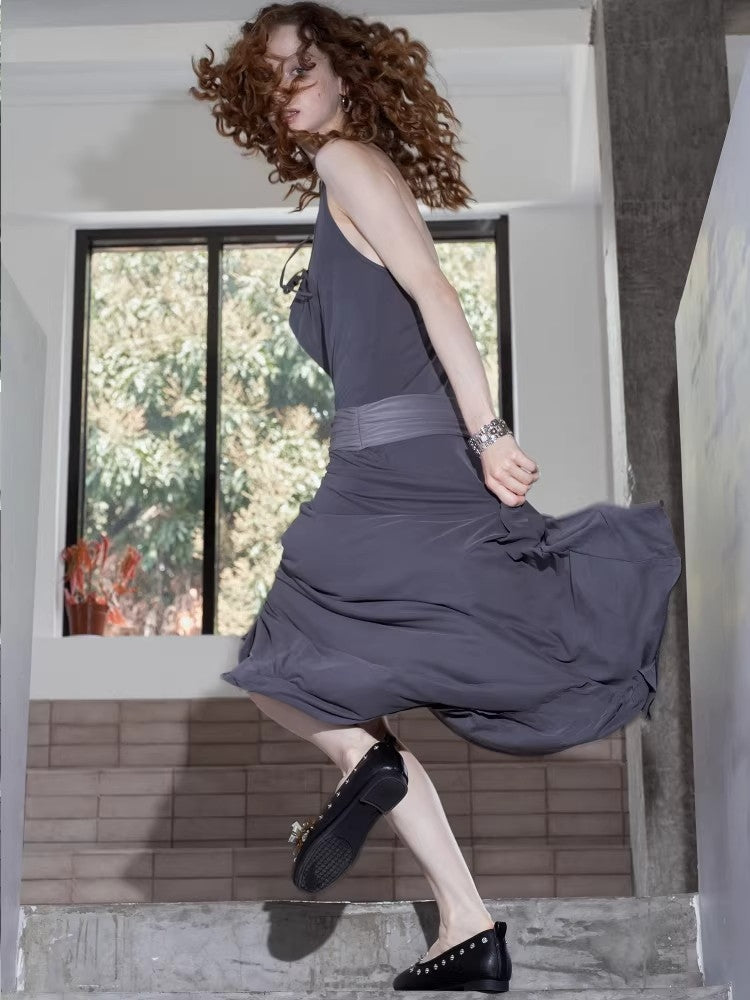 2AM POETRY Halter-Neck, Tie-Front, Off-the-Shoulder, Patchwork, Pleated, Asymmetrical Dress