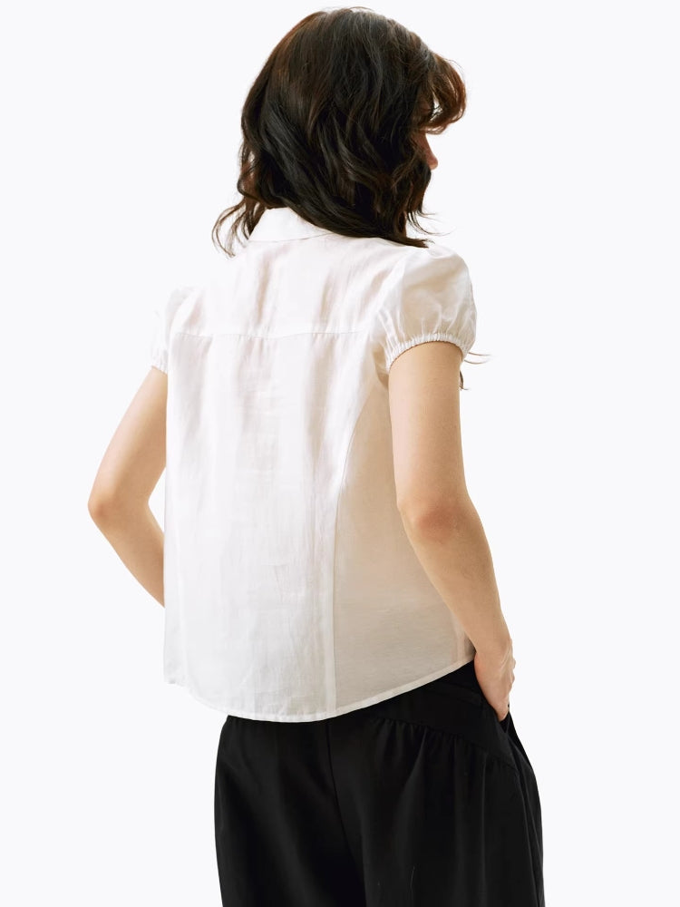 2AM POETRY Linen-Blend Shirt with Sheer Peter Pan Collar, Ruffled Sleeves, and Cropped Silhouette
