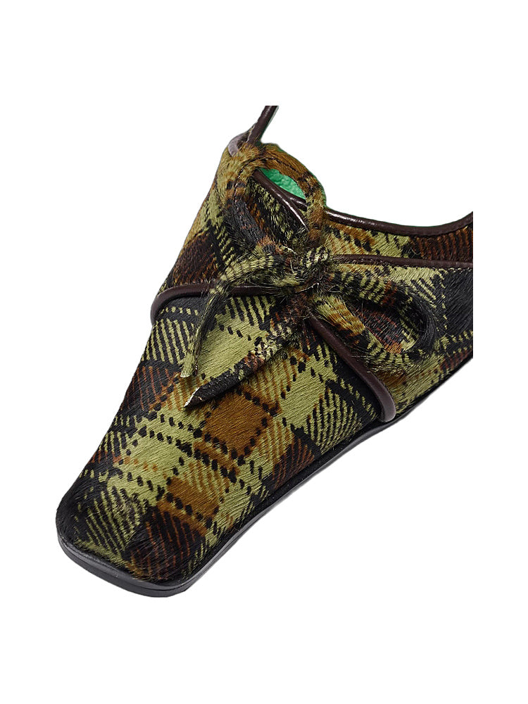 UBORYA British-Style Green Checkered Niche Horsehair Square-Toe Shoes