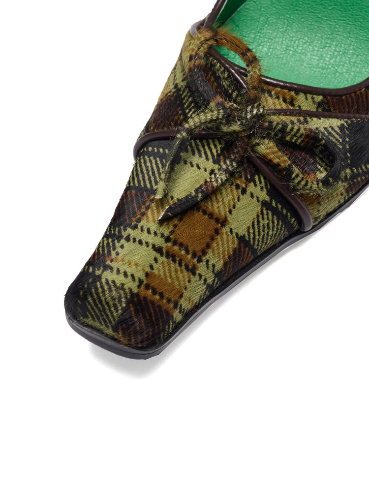 UBORYA British-Style Green Checkered Niche Horsehair Square-Toe Shoes