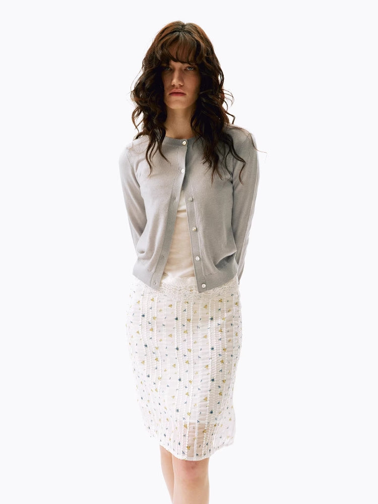 2AM POETRY 30% Wool Classic Short-Sleeve Cardigan with Straight Shoulders