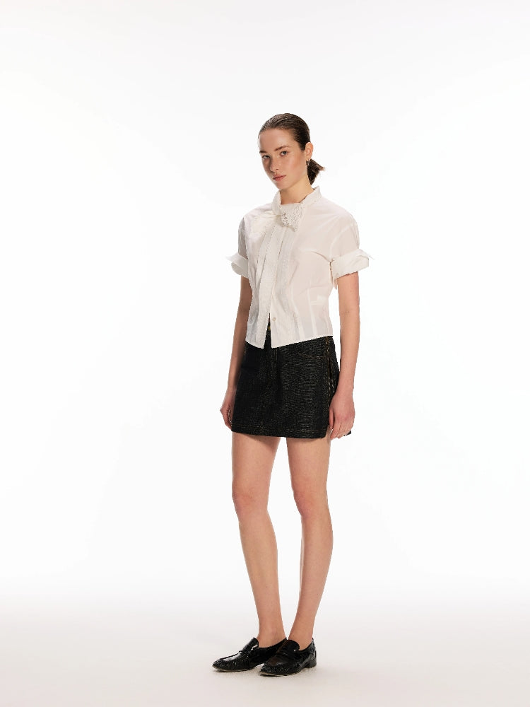 White Shirt with Embroidered Sash, Tuck Pleats, and Rolled Sleeves in a 50% Wool Blend with a Slightly Crinkled Texture