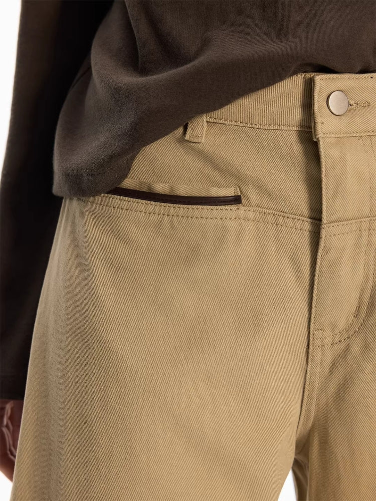 Dpercent All-Cotton Khaki Casual Pants with Color-Blocked Leather Straps, Straight-Cut Side Pockets, and Curved-Leg Silhouette