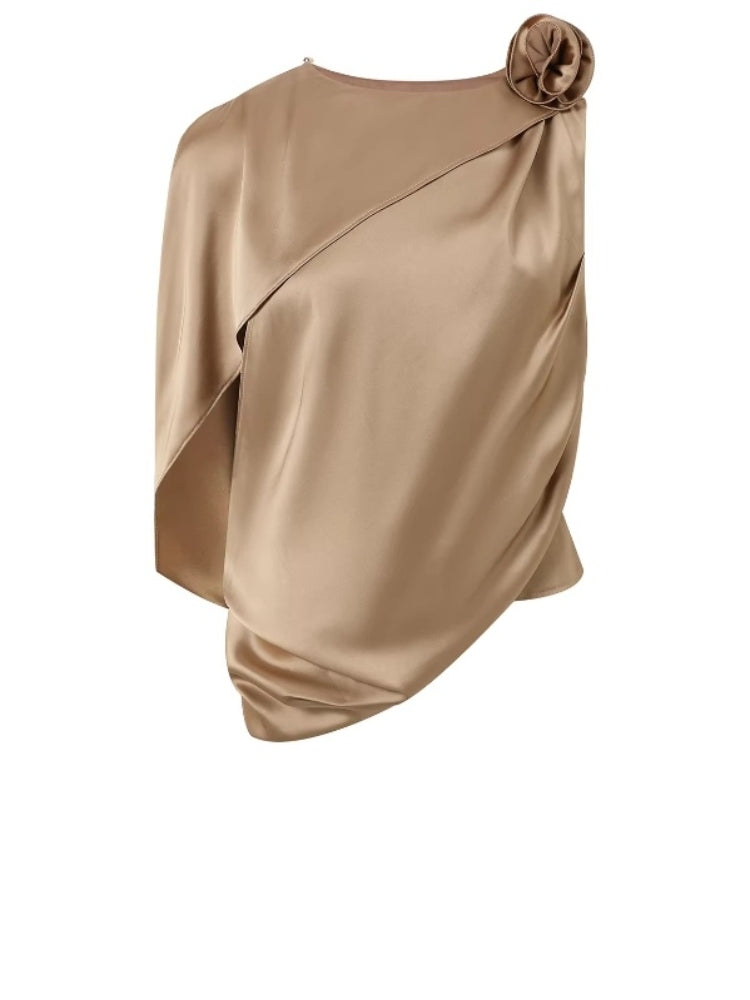 CNLEEWEI Luxury Detachable Floral Cape-Style Pleated Satin Blouse