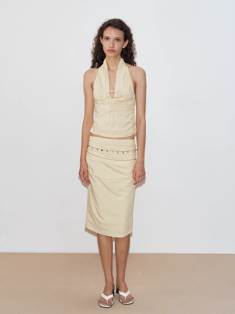 2AM POETRY Yellow Pleated Backless Tank Top and Pleated Fitted Skirt Set