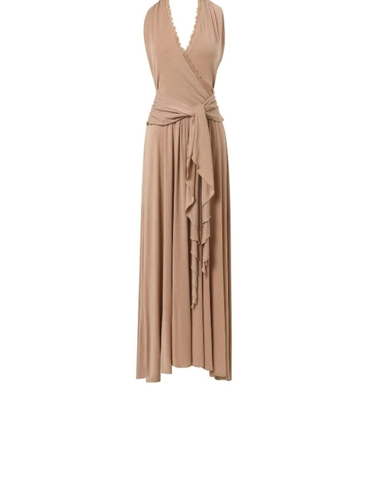 CNLEEWEI Romantic Layered V-Neck Halter-Neck Knit Dress with Tie-Front