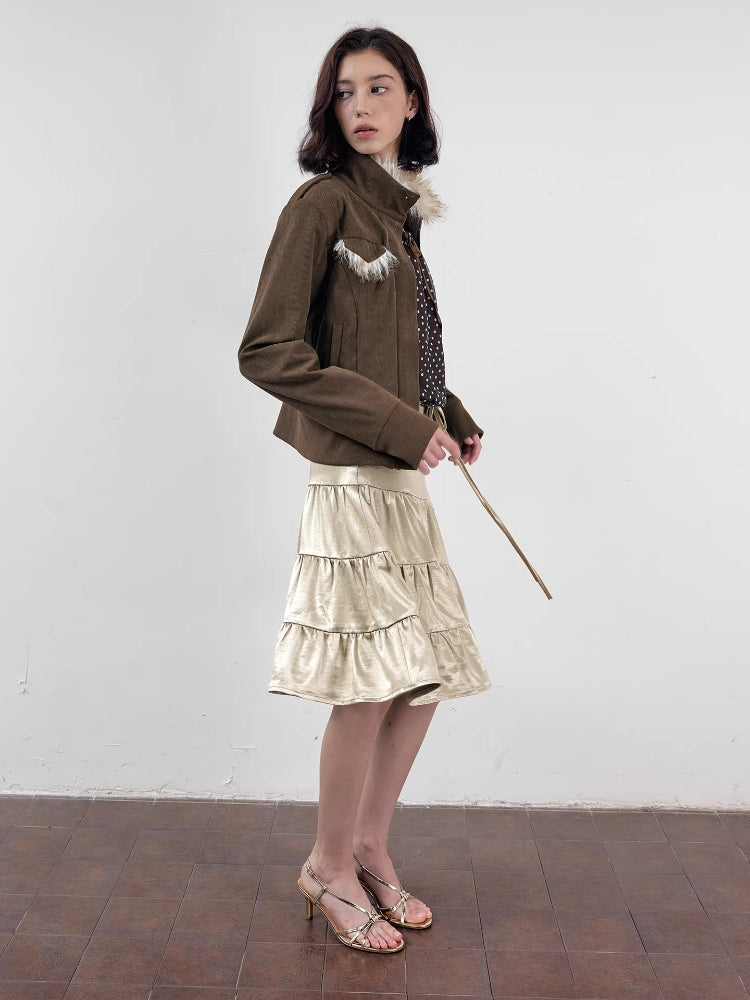 2AM POETRY Gold Pleated Skirt: Pleated, Drawstring Waist, Layered A-Line Midi Skirt