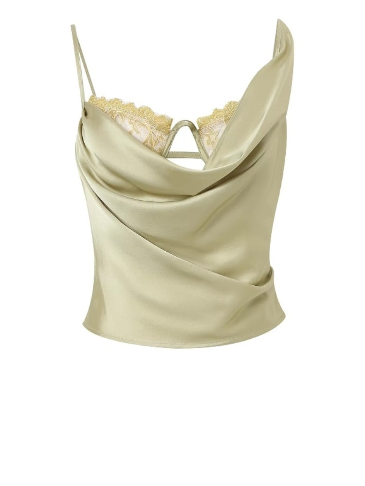 CNLEEWEI Acetate Satin Lace Mock Two-Piece Off-the-Shoulder Tank Top