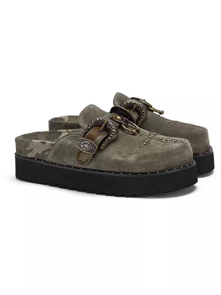 Arcadiagyal Designer Cross Studded Horsehair Leather Platform Closed Toe Birkenstock-Style
