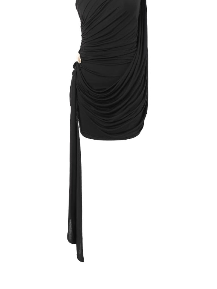 CNLEEWEI26 Deconstructed Pleated Off-the-Shoulder Knit Mini Dress