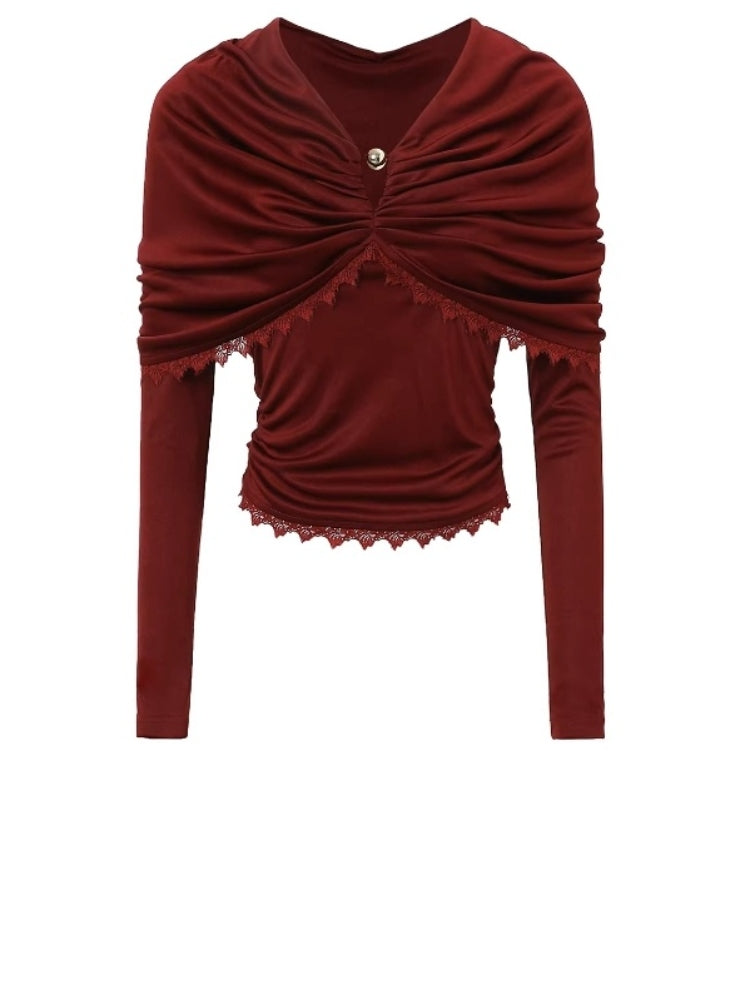 CNLEEWEI Lace-Paneled Pleated Wrap-Style Knit Top