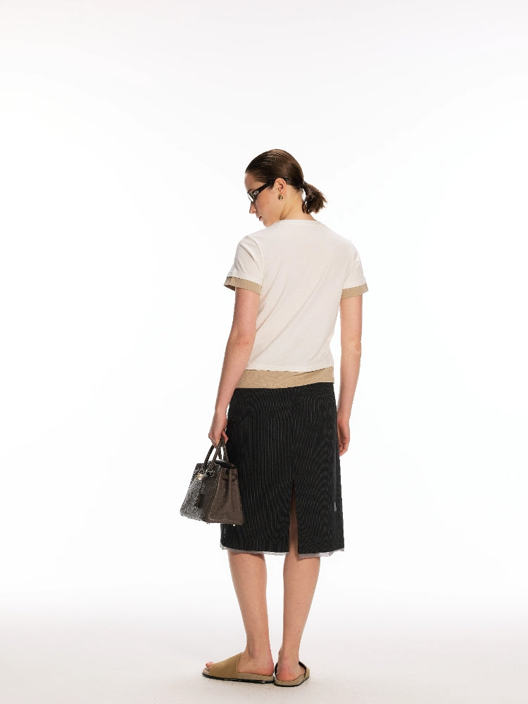 Dpercent Recycled Fiber Classic Casual Oversized Color-Block Breathable, Flattering Faux Two-Piece Crew Neck T-Shirt