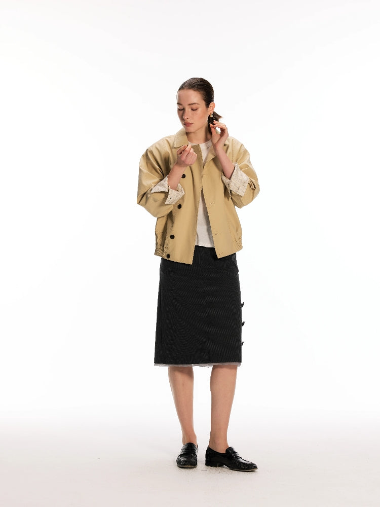 Dpercent: Floral-print tulle-trimmed hem with button detailing Classic, versatile striped skirt for the office