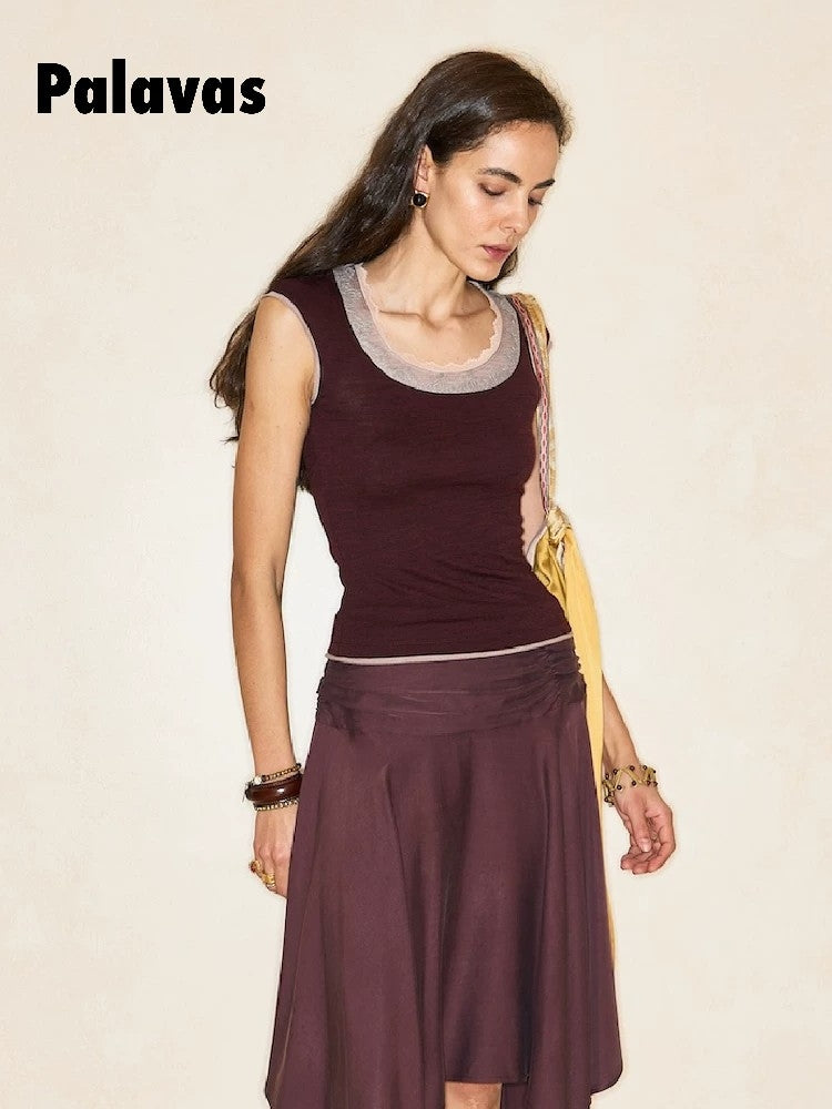 Twilight Pomegranate Lace Short-Sleeve Patchwork T-Shirt: A Unique, Designer-Style Top