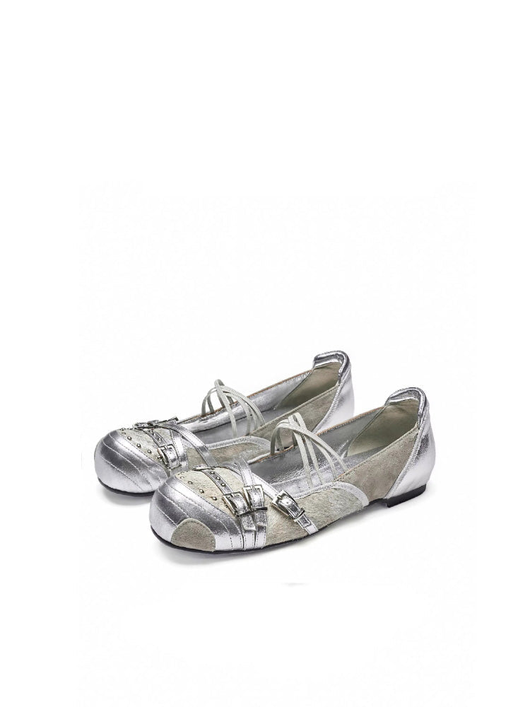 UBORYA Women's Shoes: New Arrival - Low-Cut Flat Genuine Leather Fashion Mary Jane Silver Round-Toe Slip-On