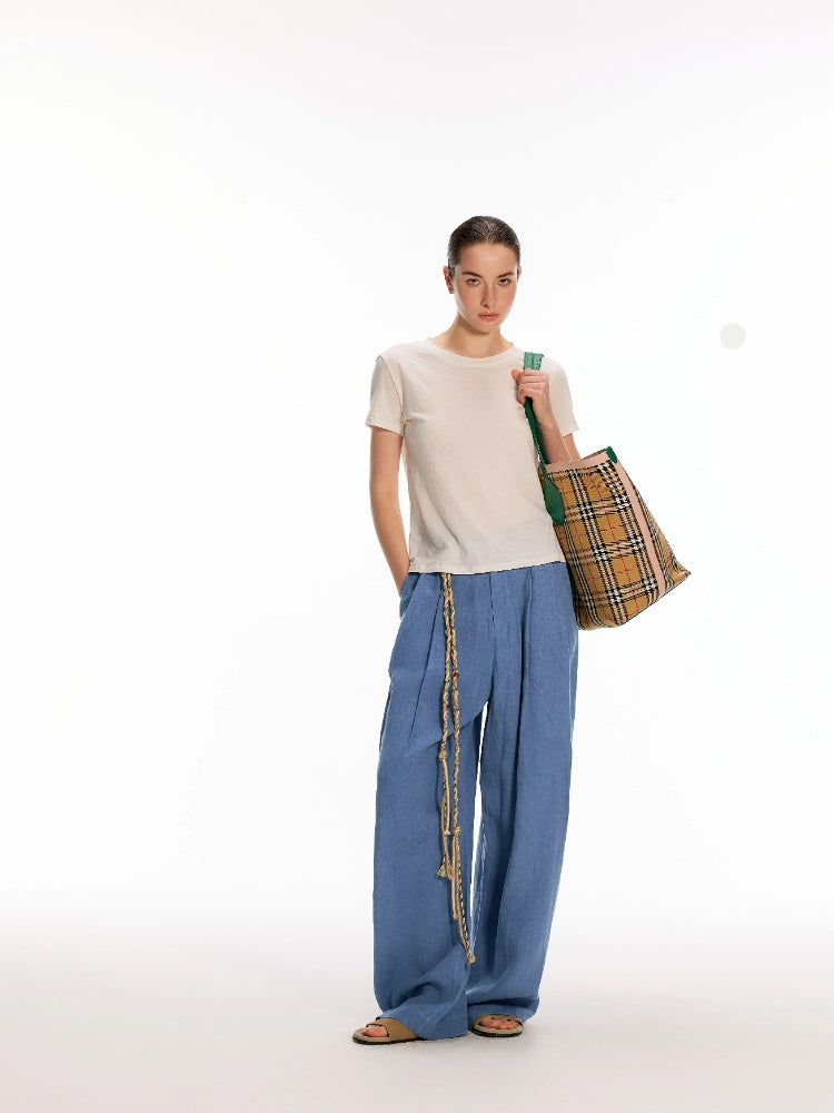 OZA GLOBAL FASHION DESIGNER BRAND 100% Linen, Yeast-Washed Textured Pleated Loose-Fit Wide-Leg Casual Trousers