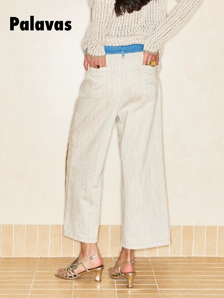 Patchwork Denim High-Waisted Straight-Leg Long Pants for Women by Boxi