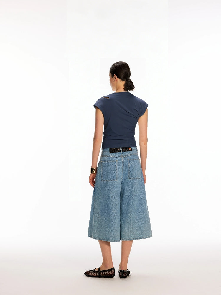 Dpercent Light Blue Vintage-Washed Adjustable-Waist Mid-Rise Loose-Fit, Slimming Wide-Leg Denim Shorts