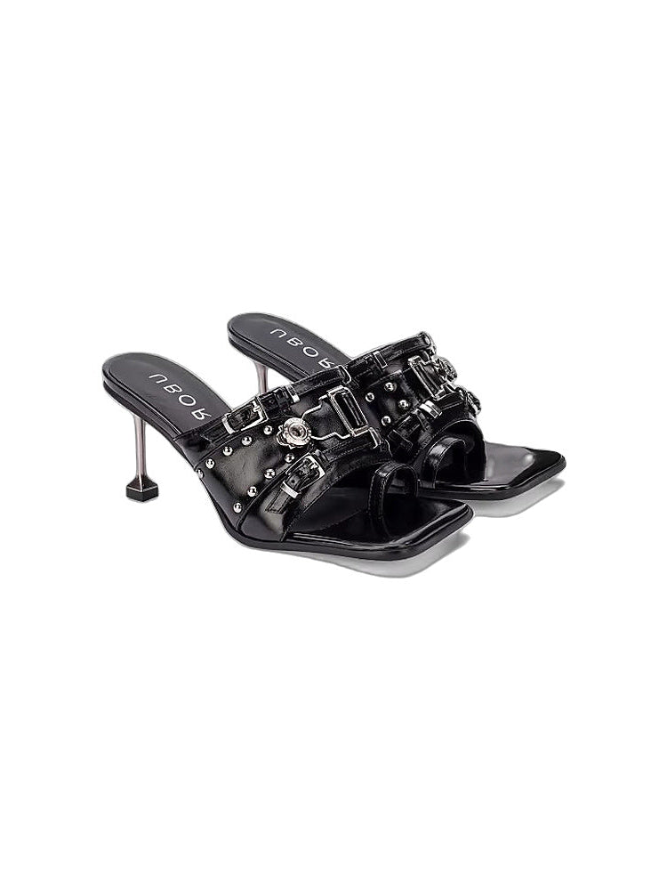 UBORYA Punk-Style Stiletto Sandals with Openwork Metal Accents, Perfect for Wearing with Skirts¡ªEasy-to-Wear, Chunky-Heeled Sandals