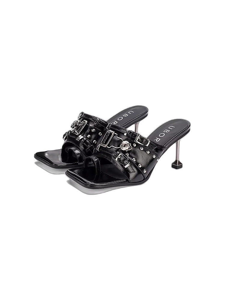 UBORYA Punk-Style Stiletto Sandals with Openwork Metal Accents, Perfect for Wearing with Skirts—Easy-to-Wear, Chunky-Heeled Sandals