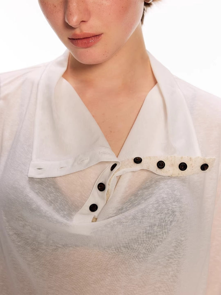 Dpercent Tencel-Linen Blend Color-Blocked Multi-Button Lightweight T-Shirt with Asymmetrical Hem